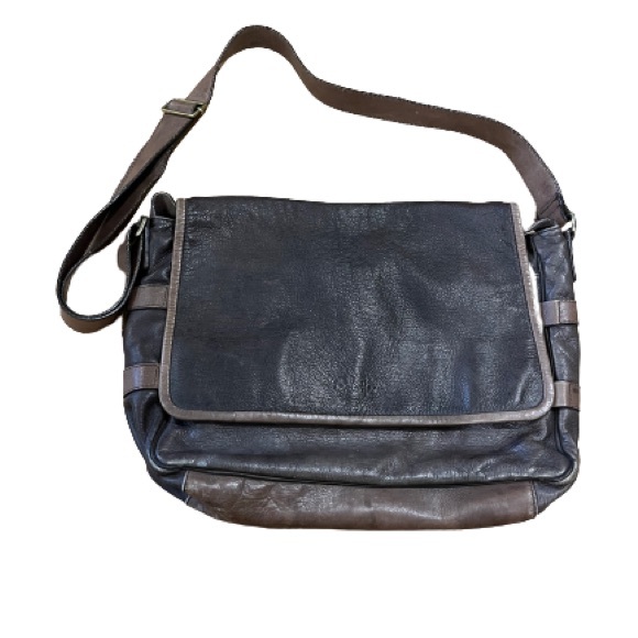 Cole Haan Two-Tone Brown Distressed Pebbled Leather Messenger Bag - Picture 1 of 8